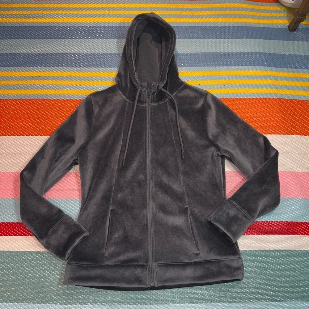 Time and Tru Charcoal Grey Velour Zip-Up Hoodie Sweater Women’s Size Small 4-6